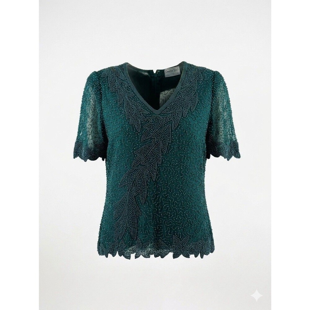 VTG 80s, 90s Creative Touch Emerald Green Beaded Silk Blouse Scalloped Top Glam